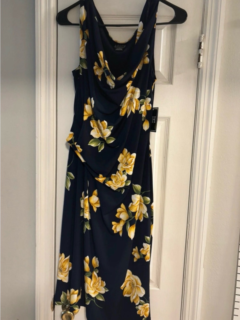 NWT Jessica Howard Navy Floral Cowl Midi Dress with Yellow Blooms